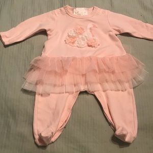 Biscotti 3M pink ruffle tulle and sparkle-swan onesie with footies long-sleeve